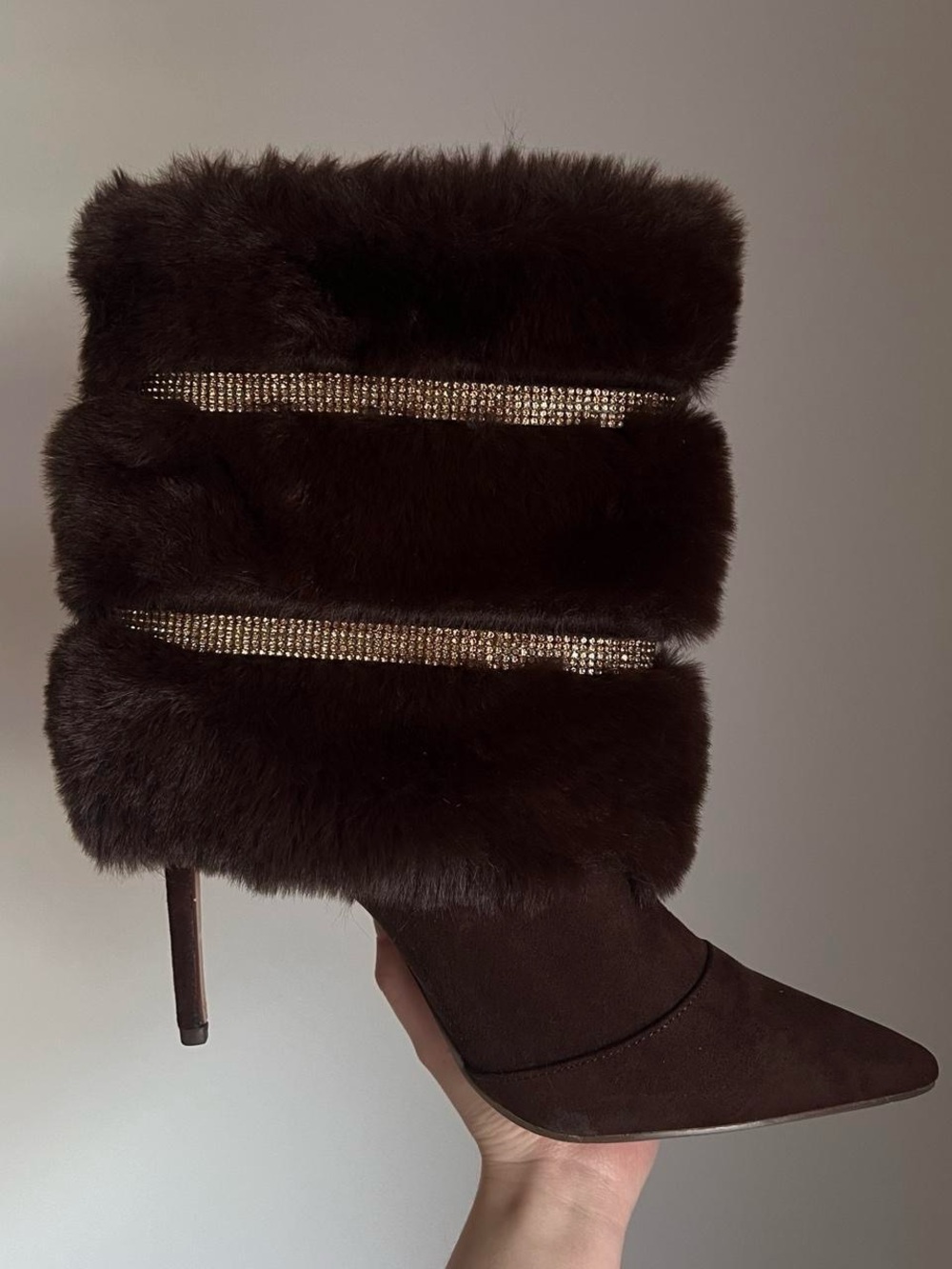 Dark Brown Faux Fur Stiletto Boot with Crystal Bands